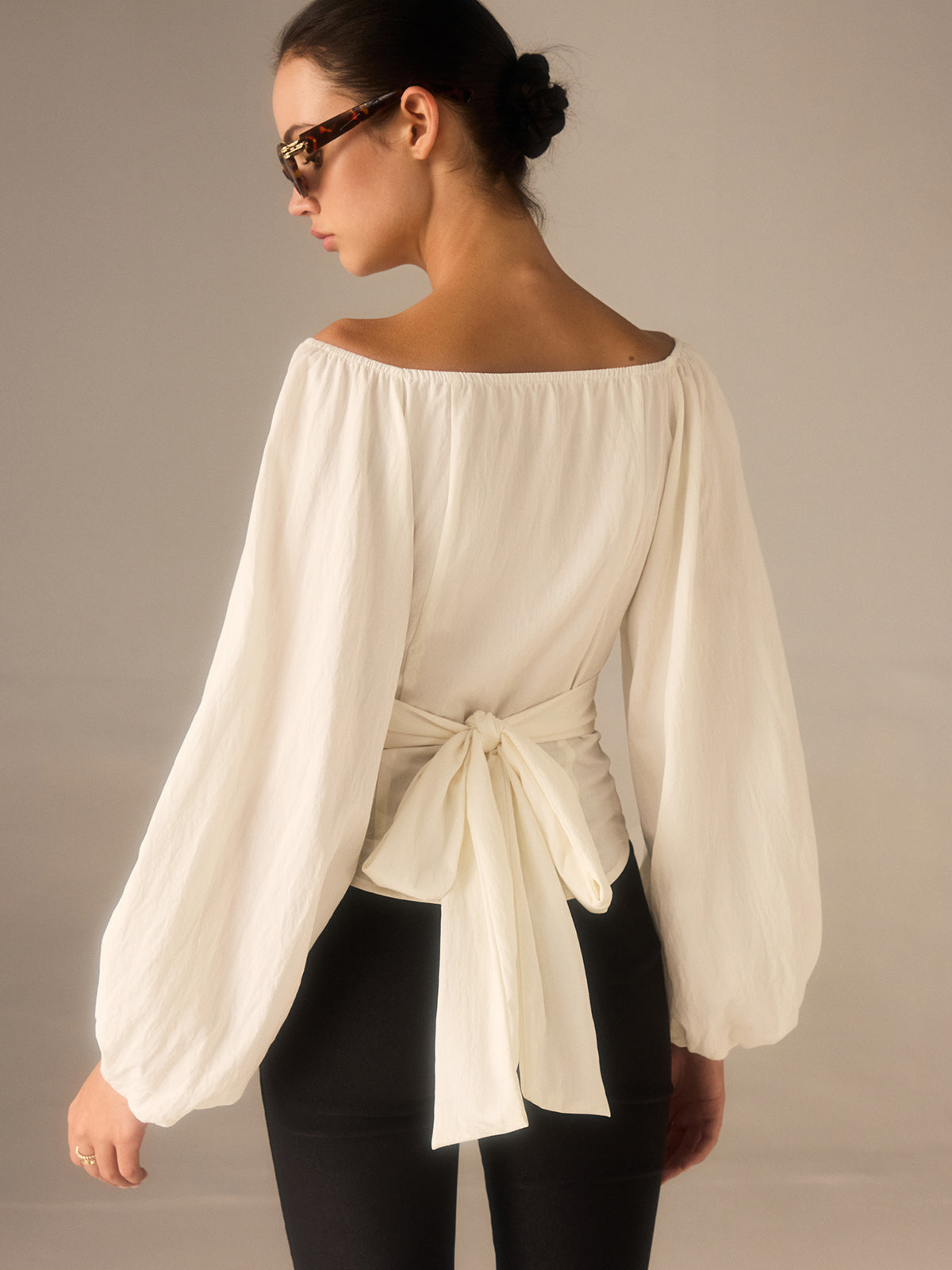 Off-Shoulder Lantern-Sleeve Top with Bow Back