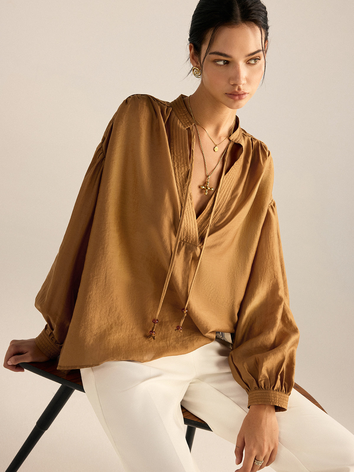 Oversized Tencel Tie Neck Blouse
