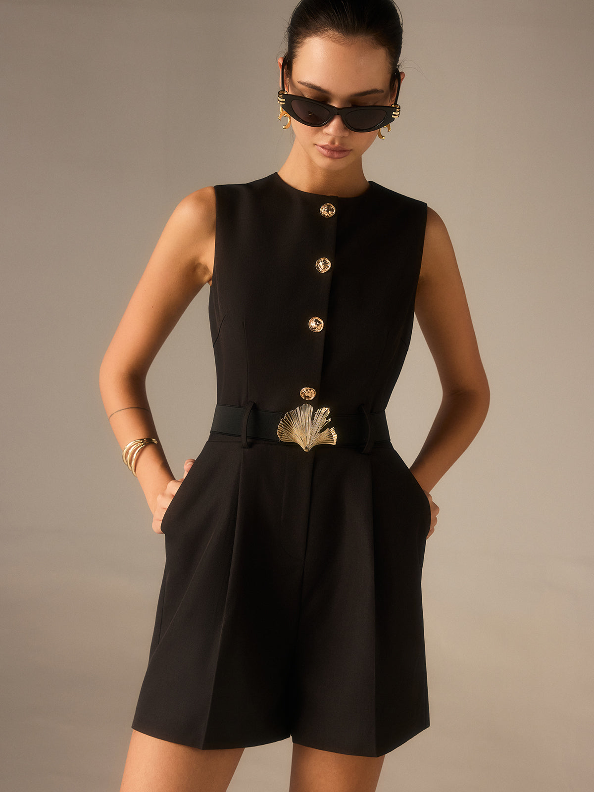 Metal Button Belted Jumpsuit