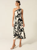 One-Shoulder Printed Midi Dress