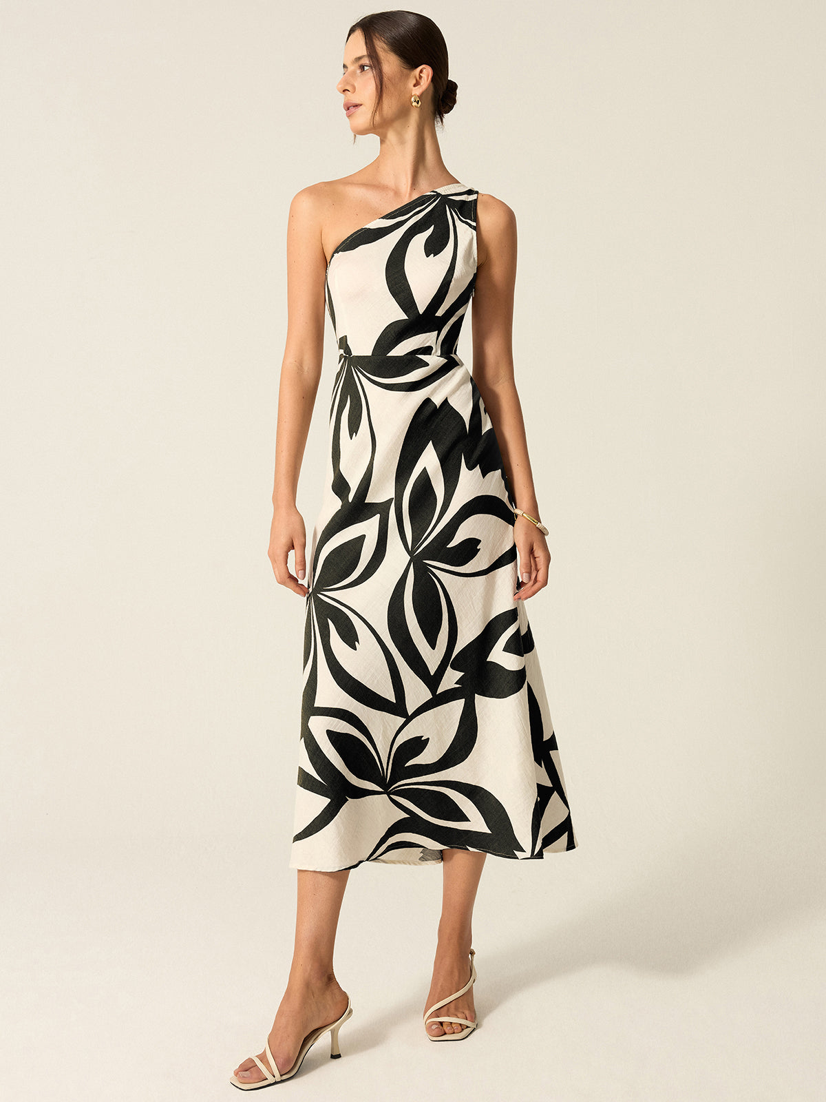 One-Shoulder Printed Midi Dress