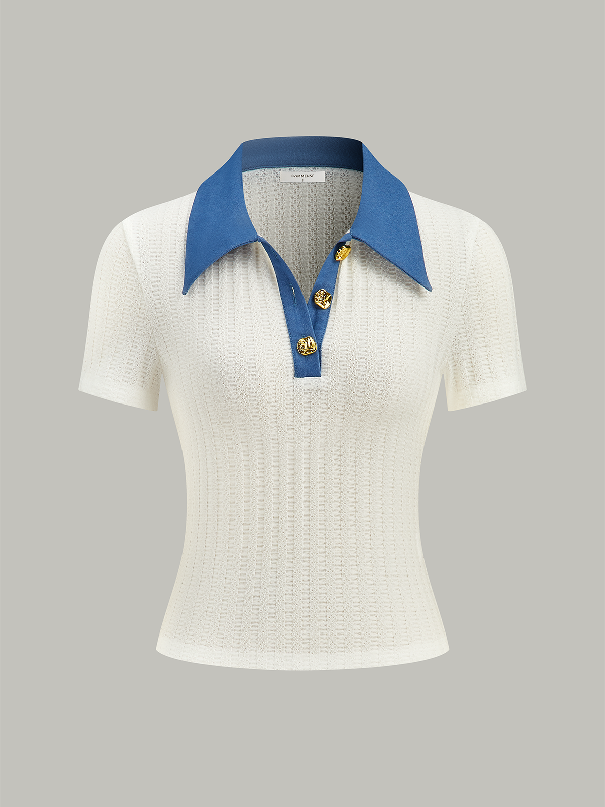 Denim-Collar Knit Polo Top with Metal Button