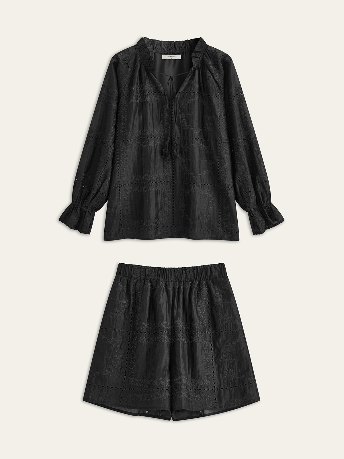 Embroidery Detail Long Sleeve Shorts Set