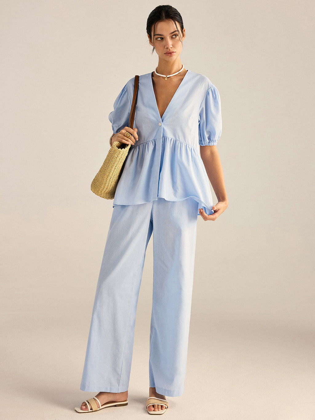 Ensemble haut péplum et pantalon en coton