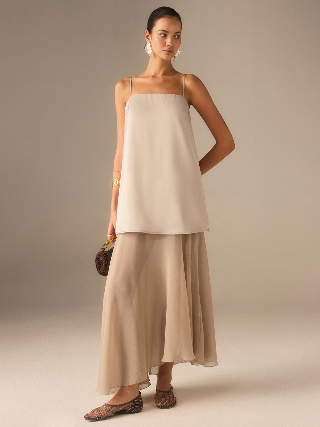 2-in-1 halbtransparente Chiffon-Cami-Maxikleid