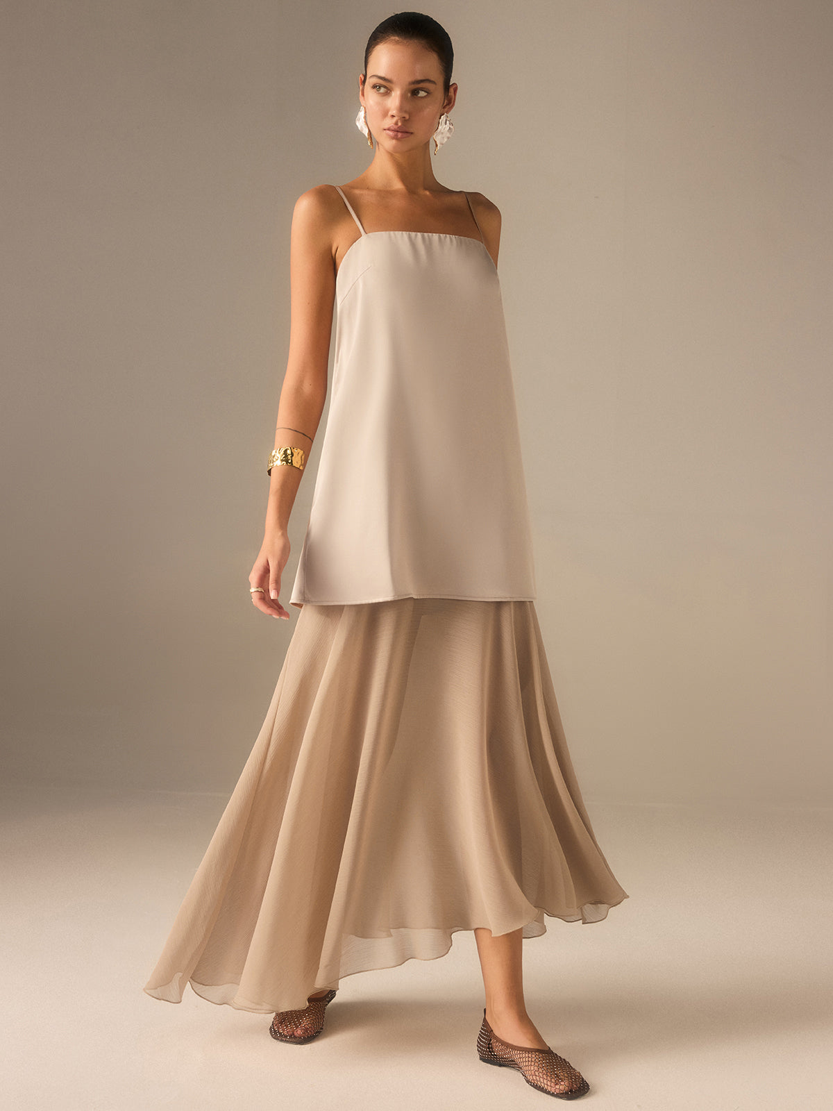 2-in-1 halbtransparente Chiffon-Cami-Maxikleid