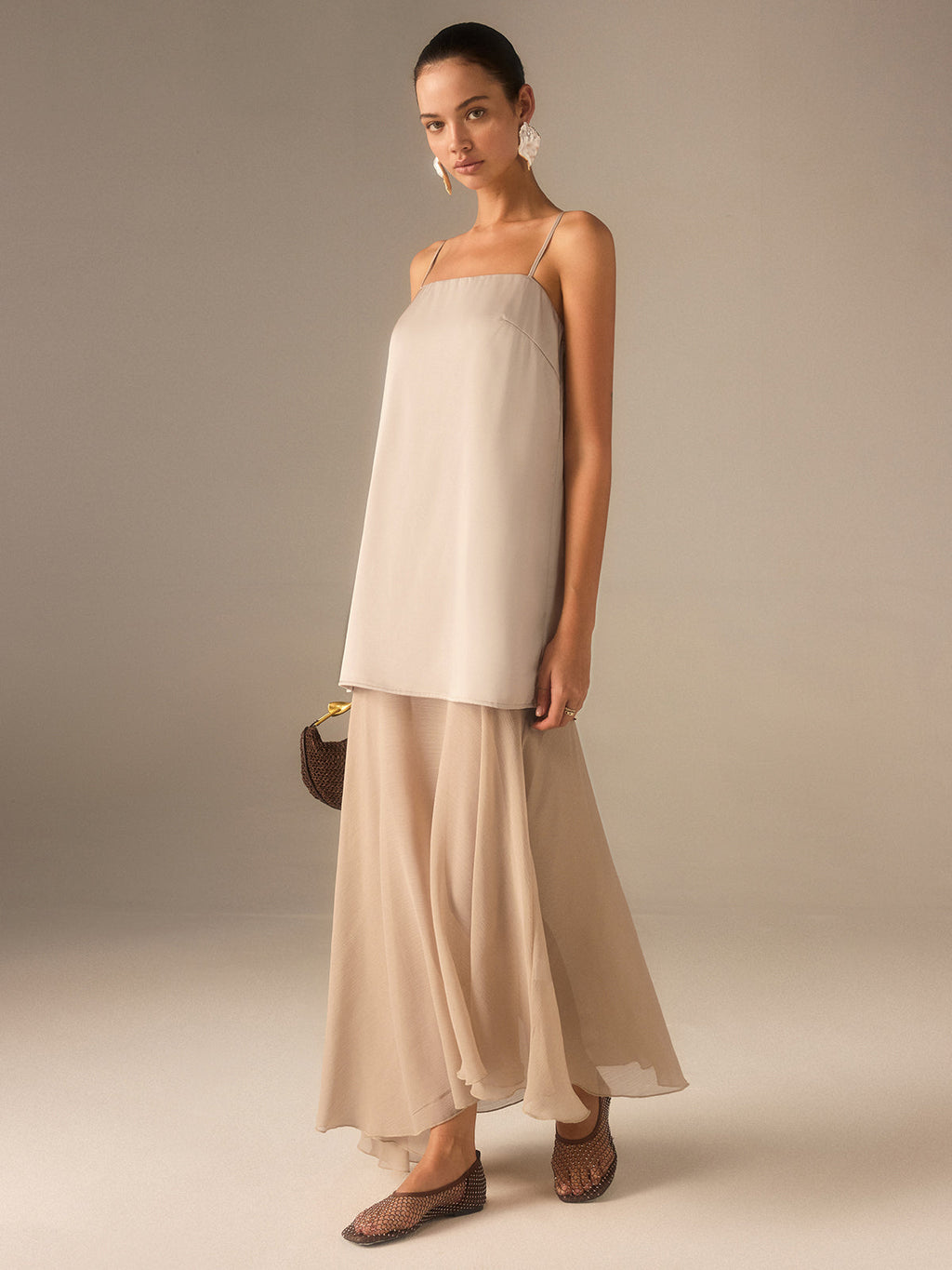 2-in-1 halbtransparente Chiffon-Cami-Maxikleid
