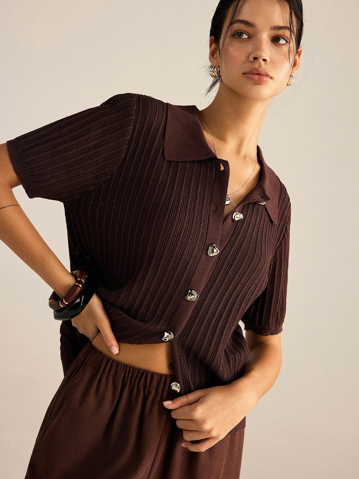 Ribbed Knit Polo-Collar Cardigan