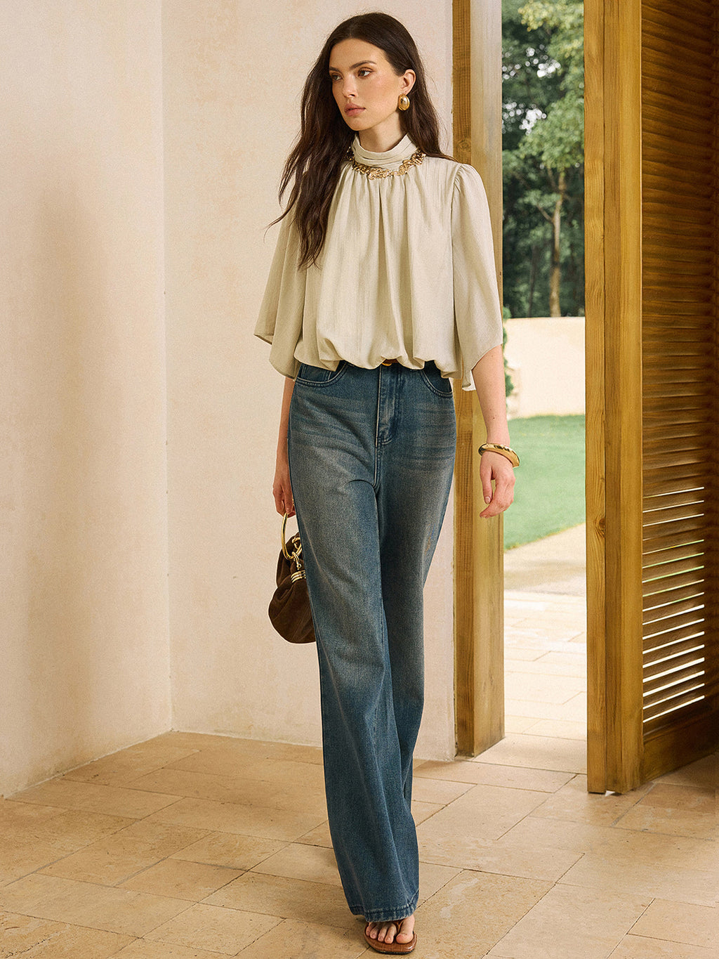 Elastic Hem Half-Sleeve Shirt
