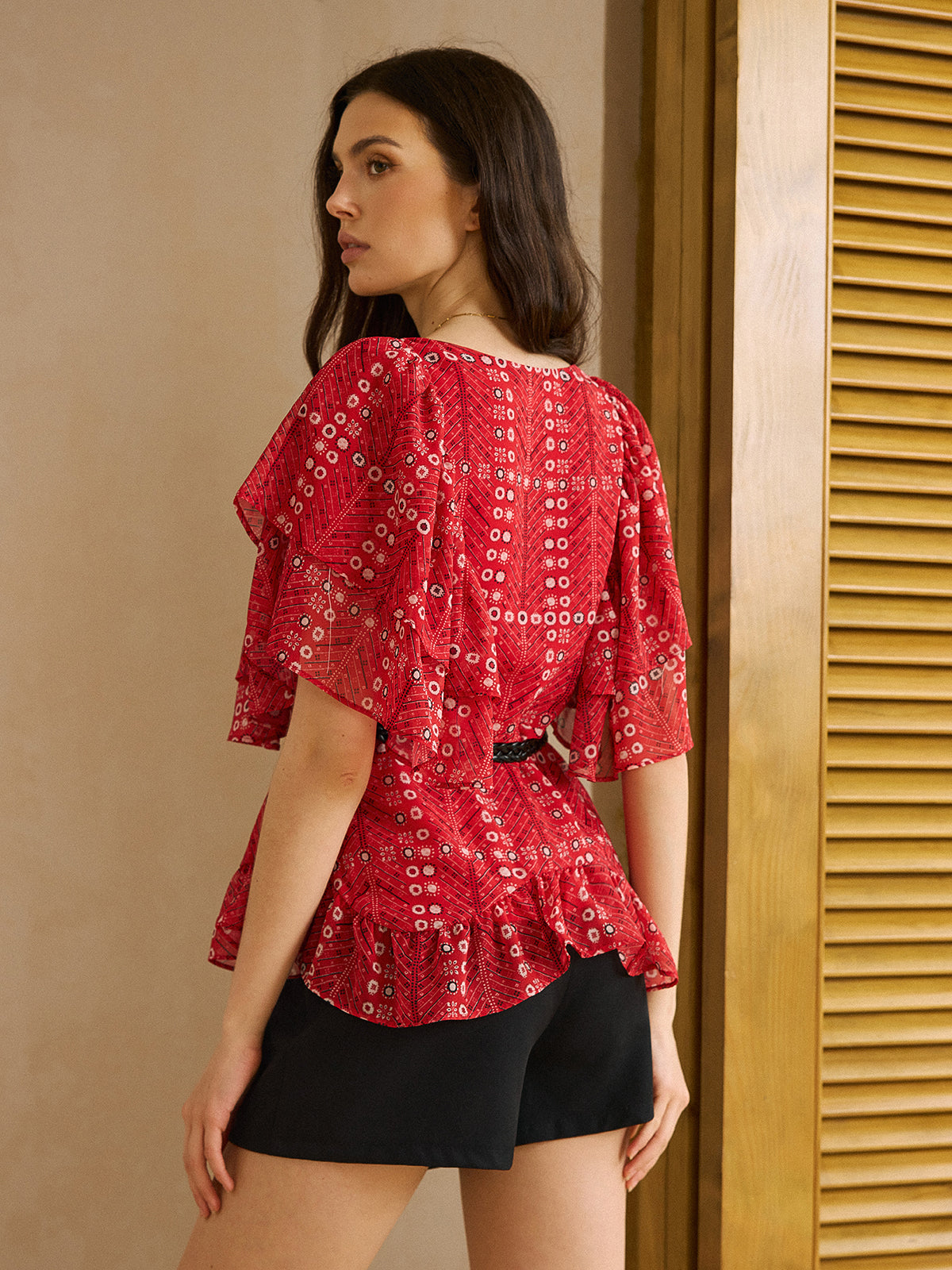 Printed Ruffled Peplum Top with Belt