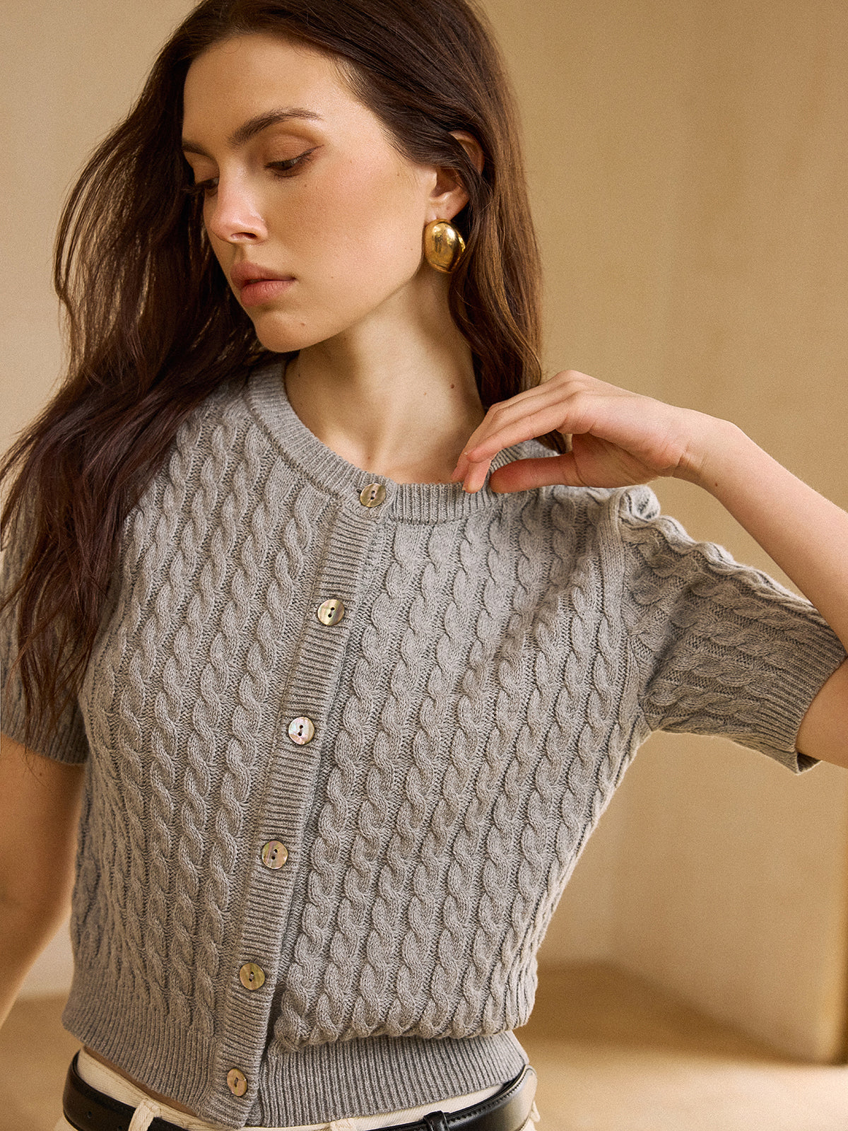 Cable Knit Short-Sleeve Cardigan