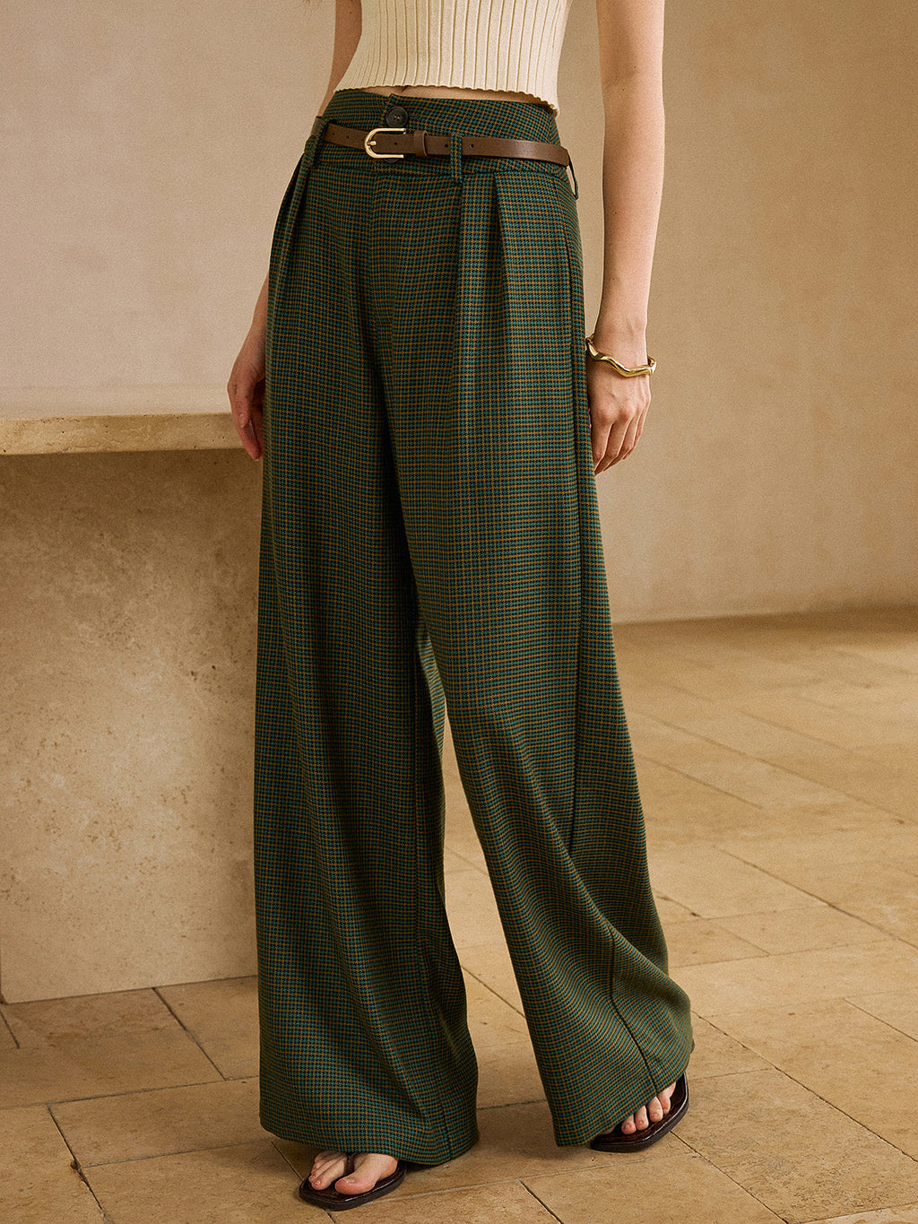 Pantalon à carreaux taille haute vintage avec ceinture
