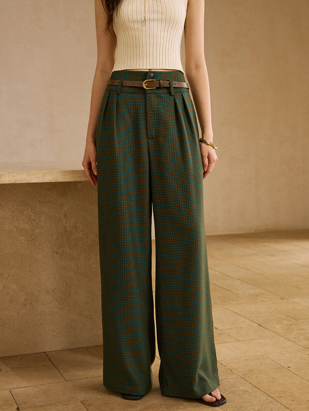 Pantalon à carreaux taille haute vintage avec ceinture