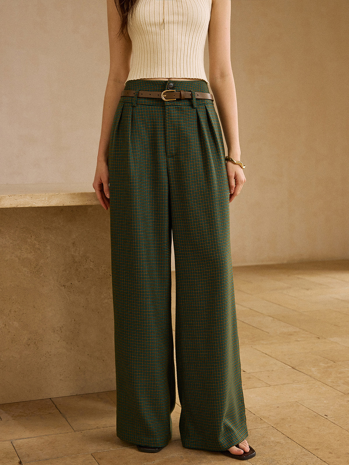 Pantalon à carreaux taille haute vintage avec ceinture