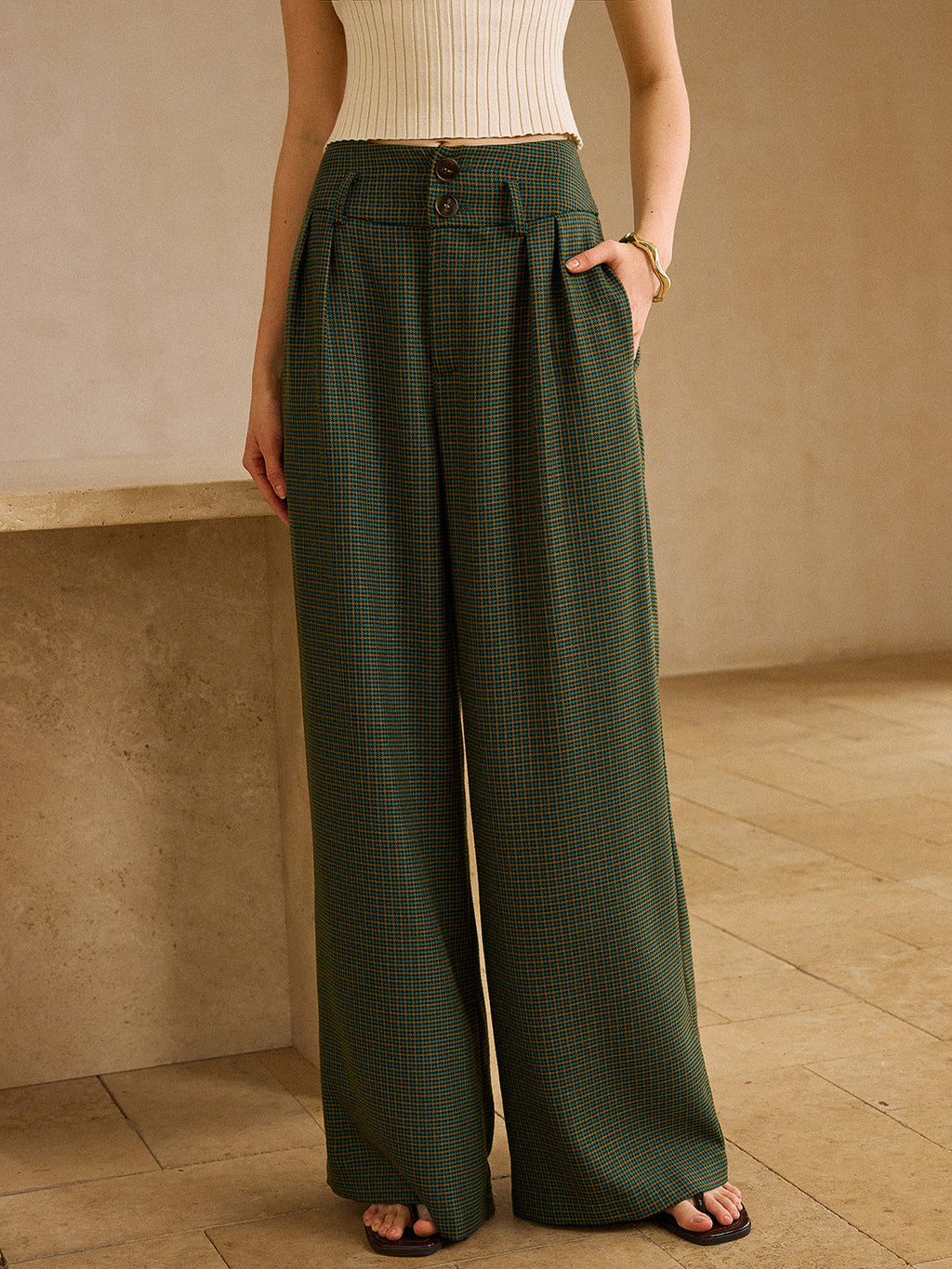 Pantalon à carreaux taille haute vintage avec ceinture