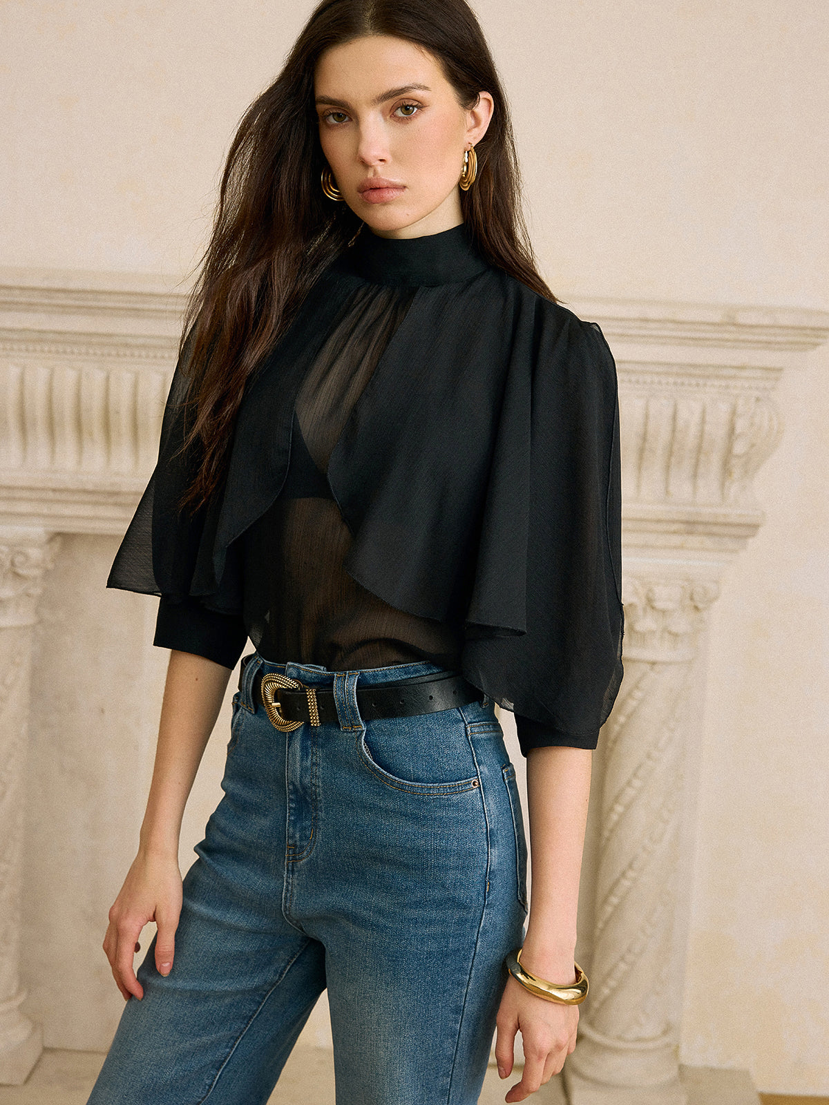 Sheer Chiffon Blouse with Back Bow Detail