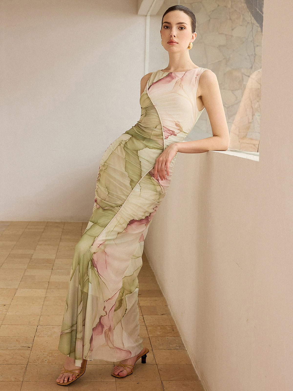 Printed Semi-Sheer Mesh Maxi Dress