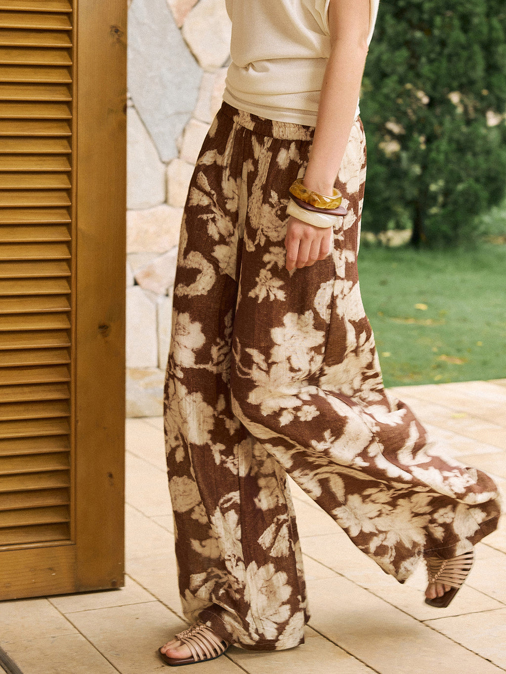 Bedruckte Leinenhose mit weitem Bein im Vintage-Stil