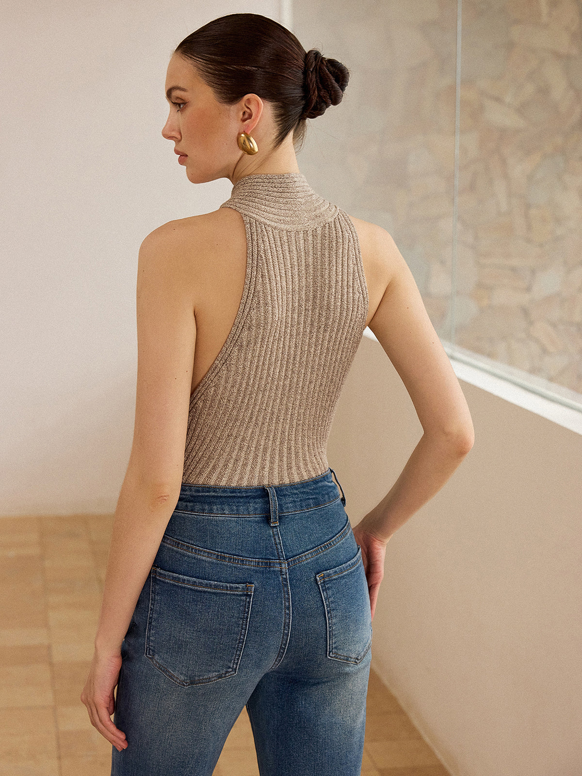 Cross-Strap Halter Neck Knit Top