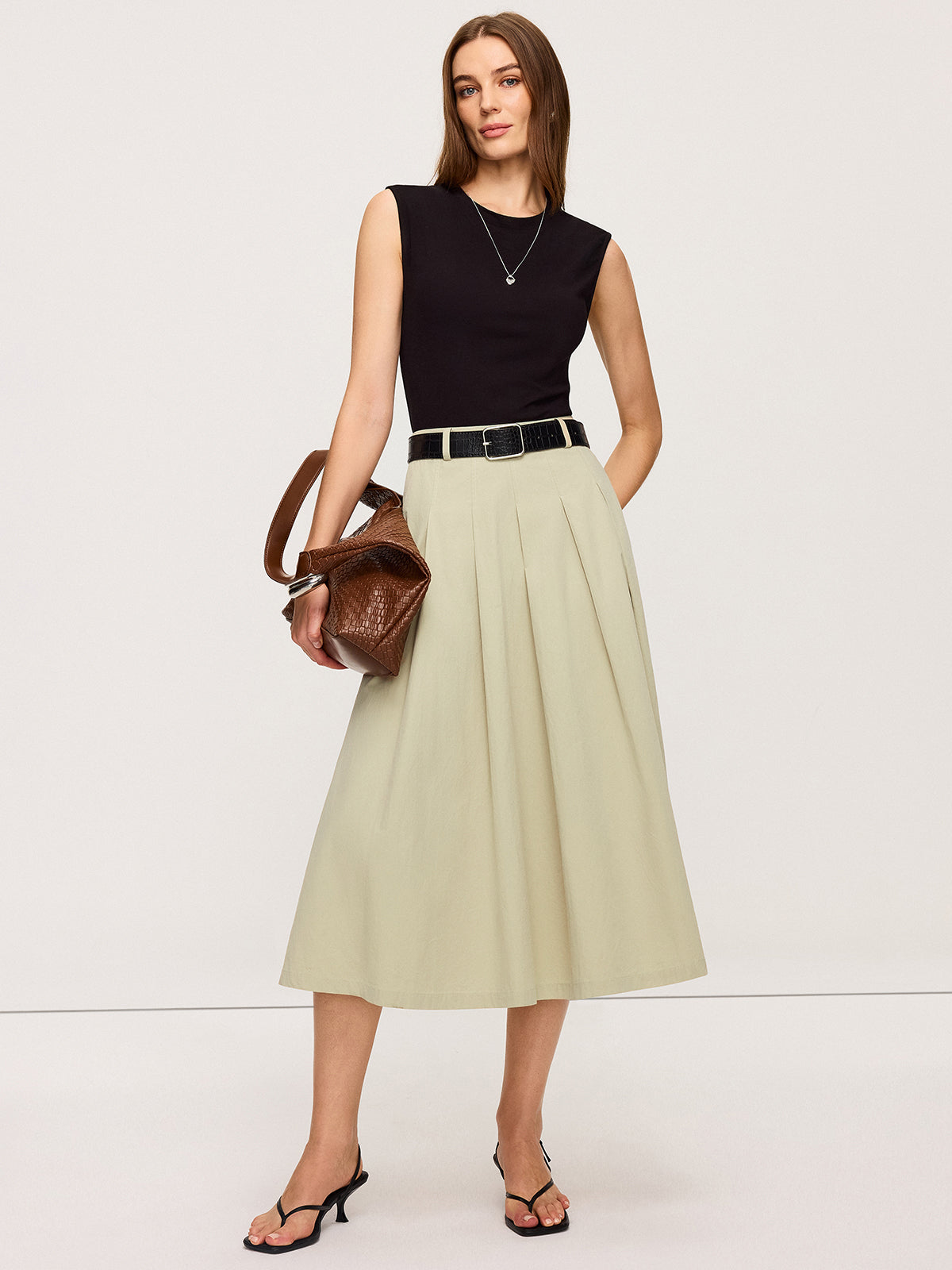 Belted Pleated Two-Tone Midi Dresses