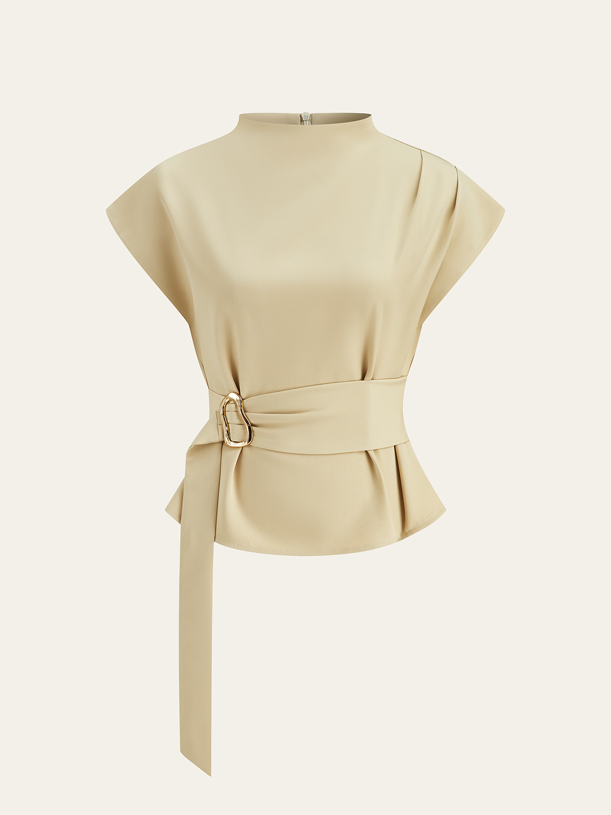 Kurzärmlige Bluse mit Gürtel und Stehkragen