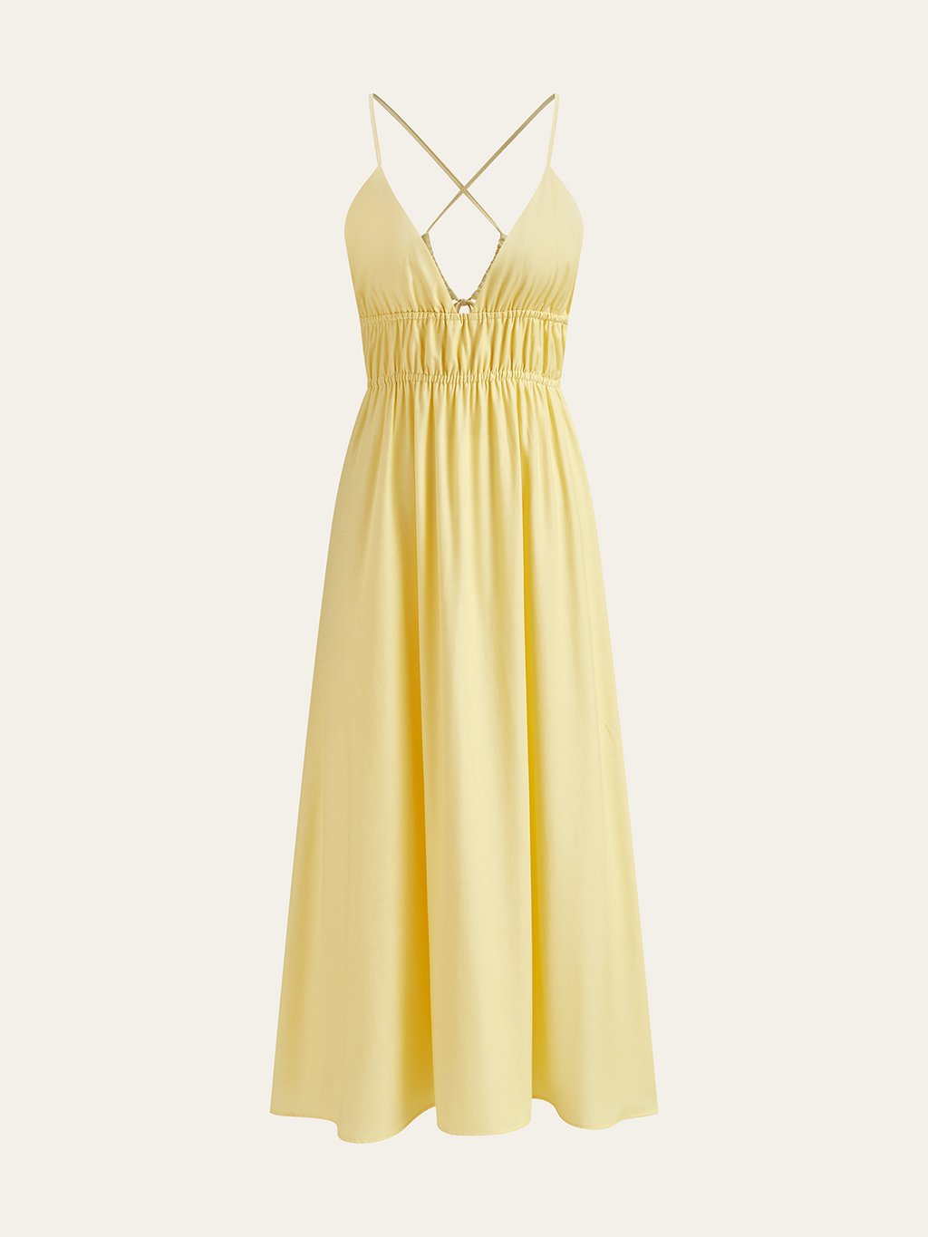 Spaghetti Strap Maxi Dress with Ruched Waist and Crisscross Back