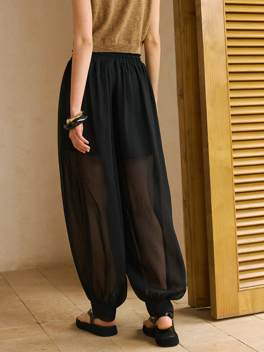 Sheer Chiffon Pants with Elastic Waist and Ankle Cuffs