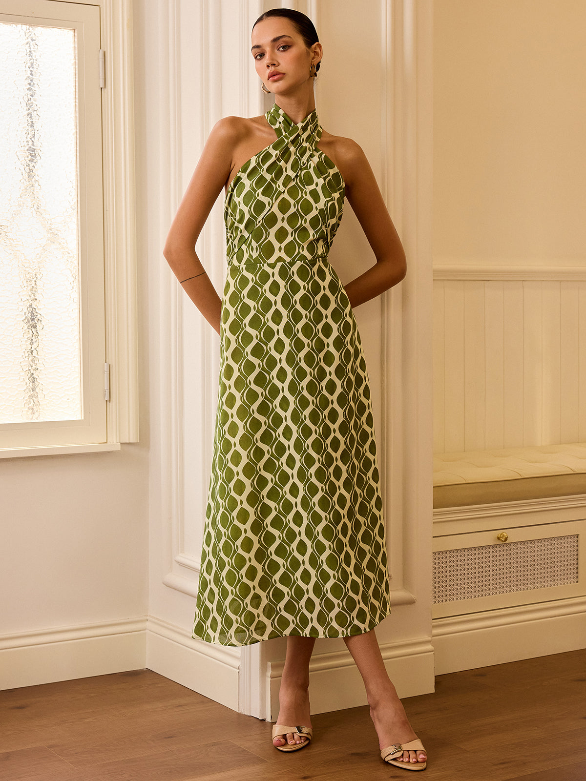 Robe midi imprimée à col bénitier