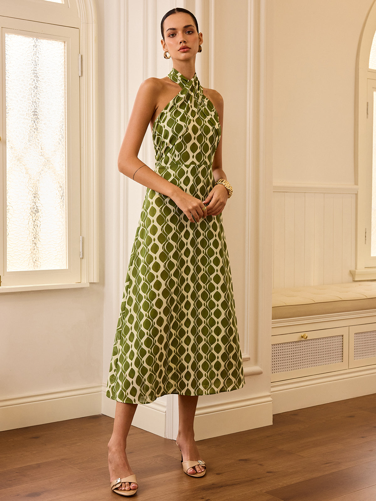 Robe midi imprimée à col bénitier