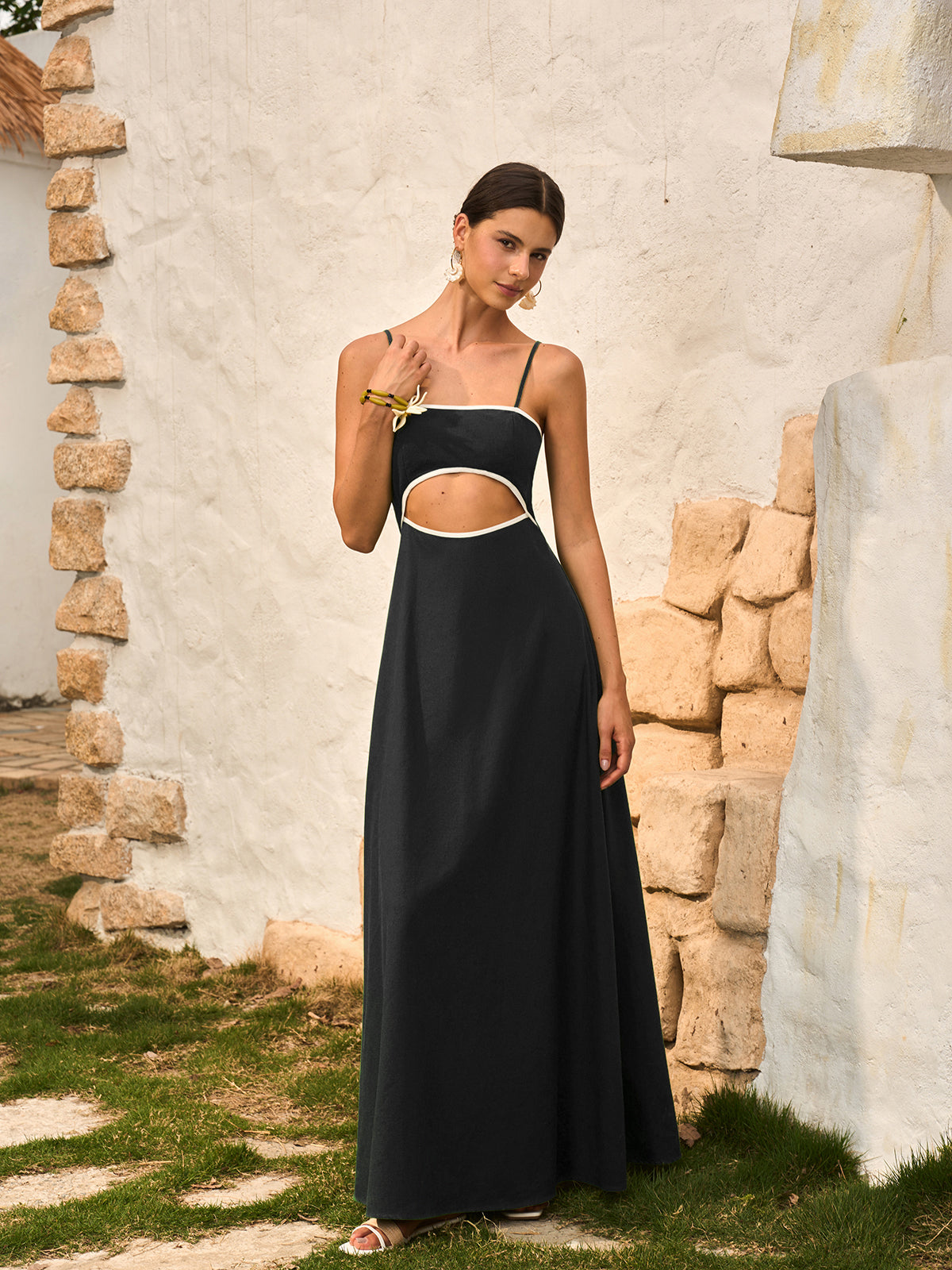 Cotton & Linen Cut-Out Dress With Back Bow