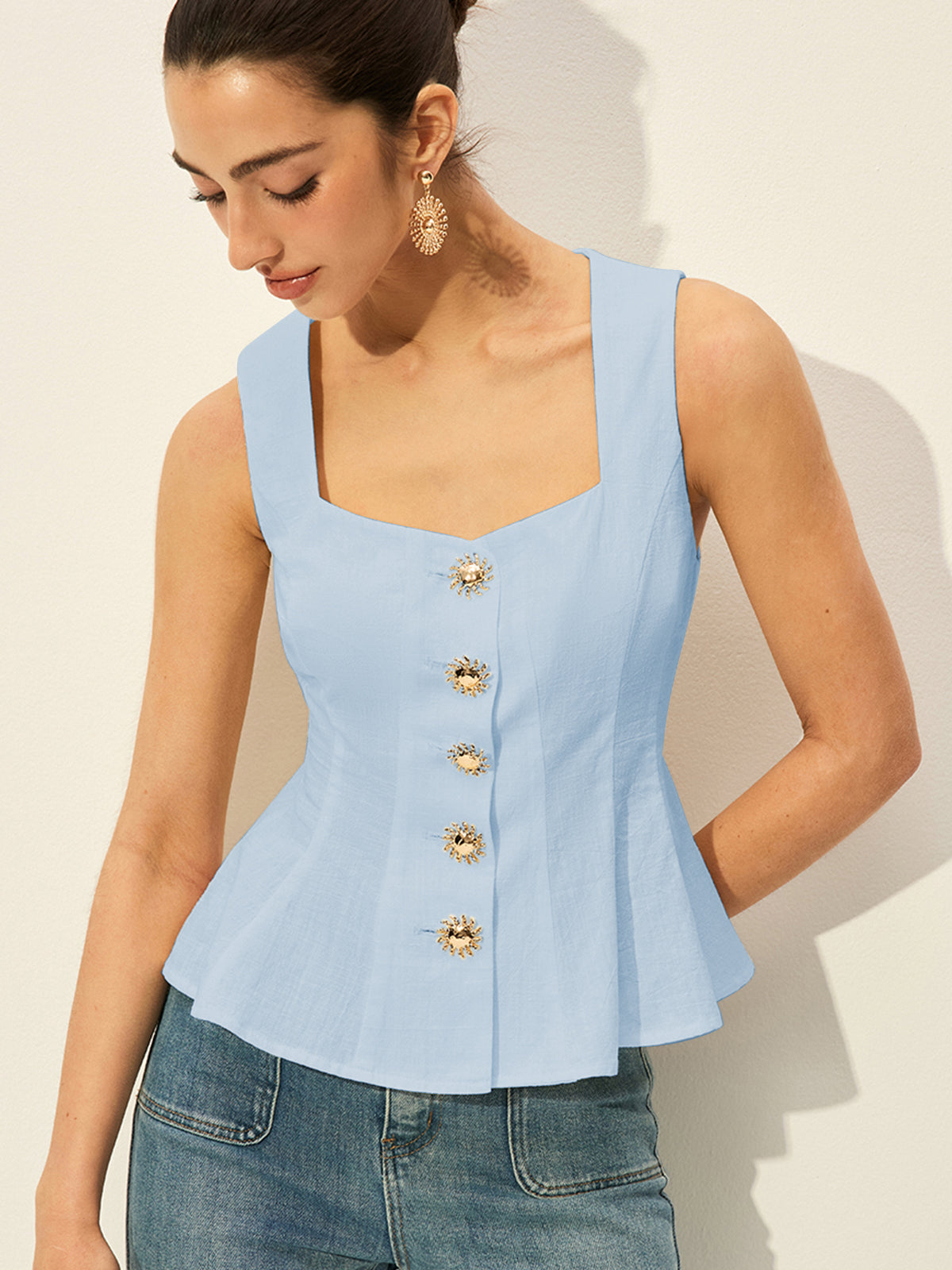 Square Neck Button-Front Peplum Top