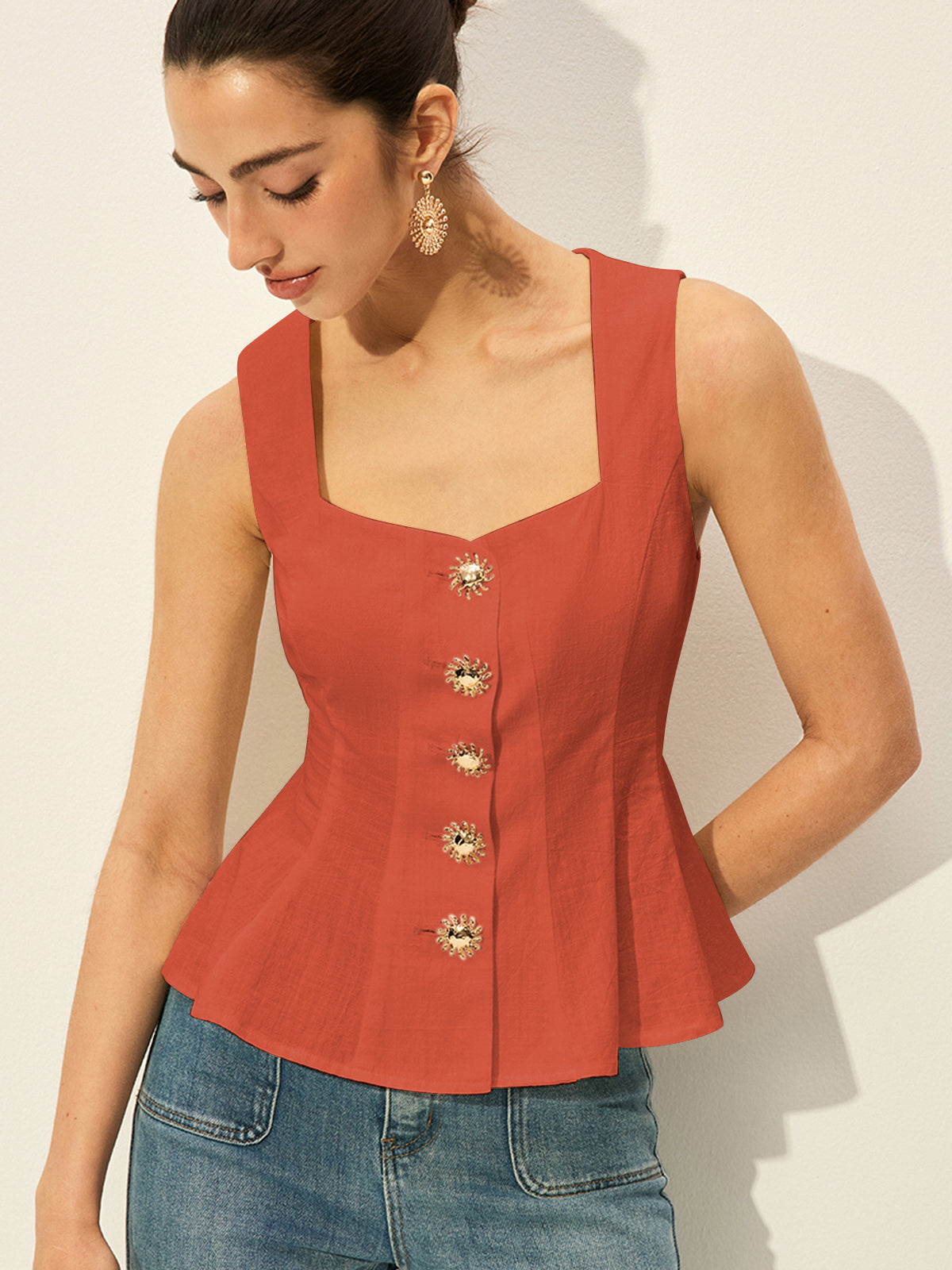 Square Neck Button-Front Peplum Top