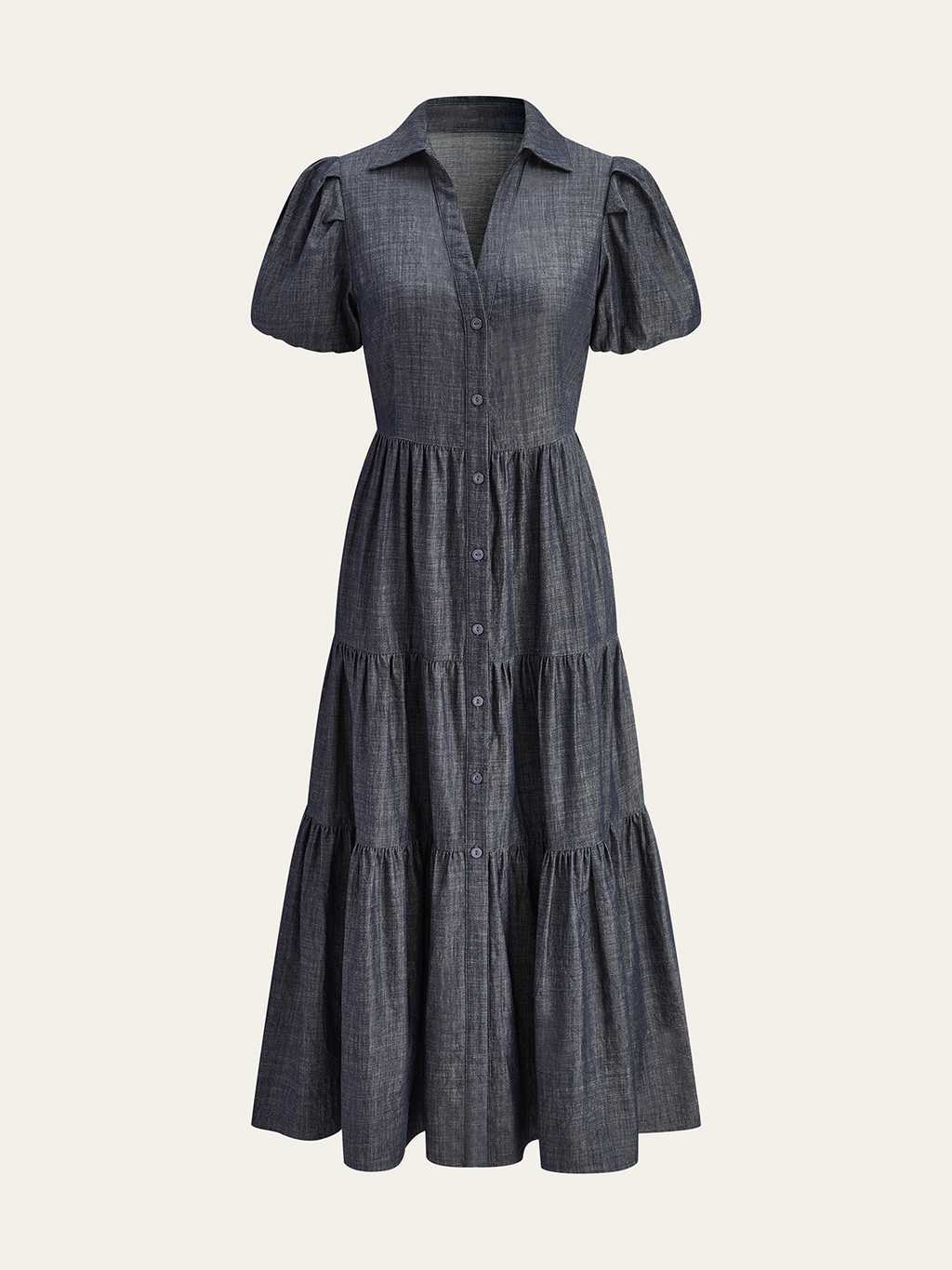 Maxikleid mit Puffärmeln, Stufenrock und Knopfleiste vorne