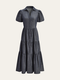 Maxikleid mit Puffärmeln, Stufenrock und Knopfleiste vorne