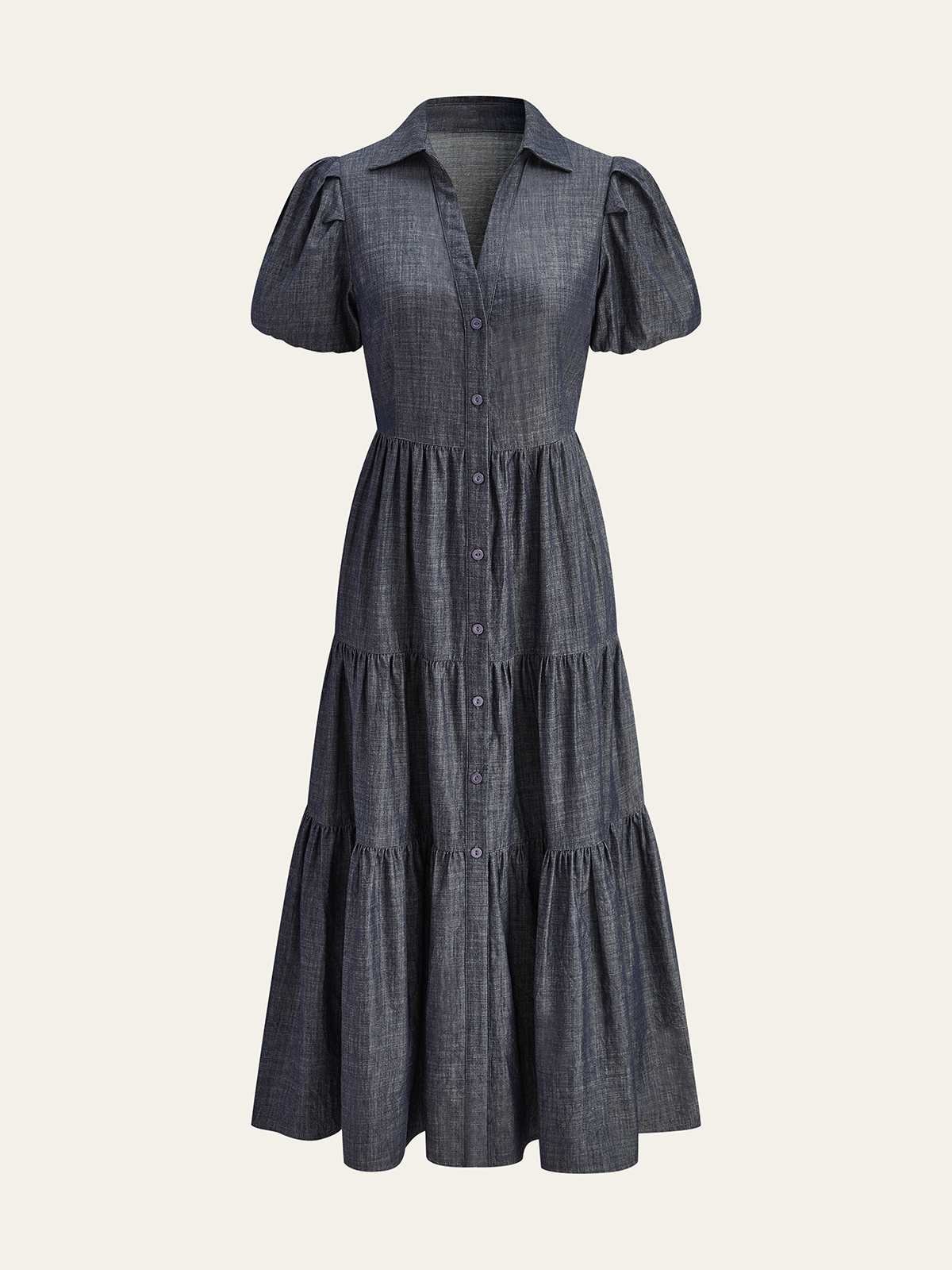 Maxikleid mit Puffärmeln, Stufenrock und Knopfleiste vorne