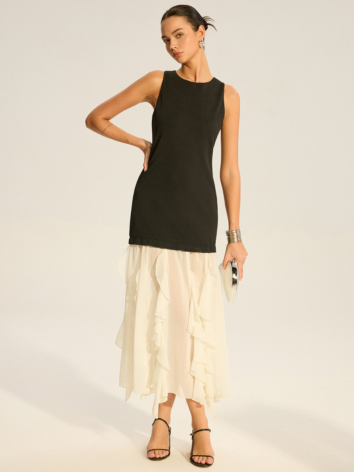 2 in 1 Semi-Sheer Ruffled Hem Maxi Dress