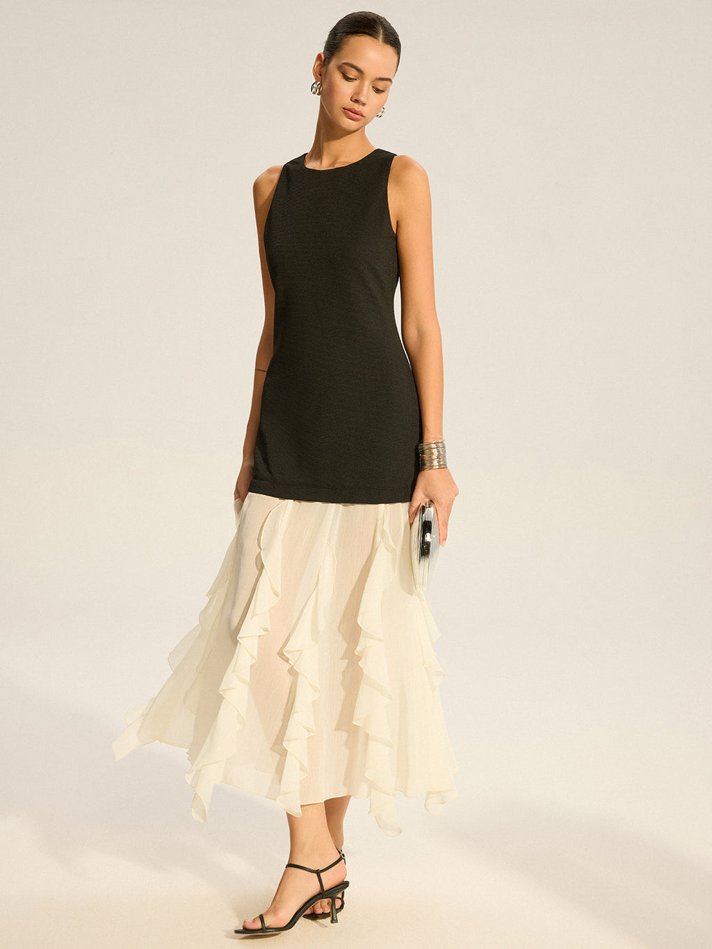 2 in 1 Semi-Sheer Ruffled Hem Maxi Dress