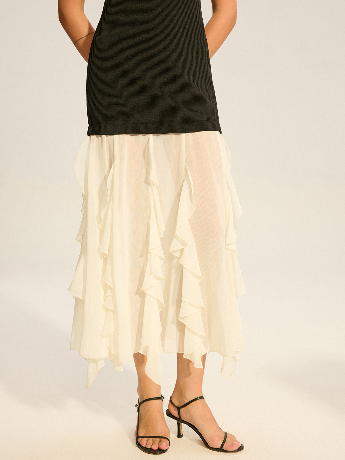 2 in 1 Semi-Sheer Ruffled Hem Maxi Dress