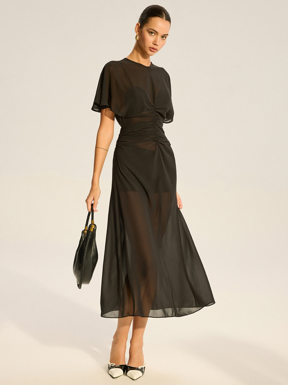 Sheer Chiffon Midi Dress with Lining Slip Two-Piece Set