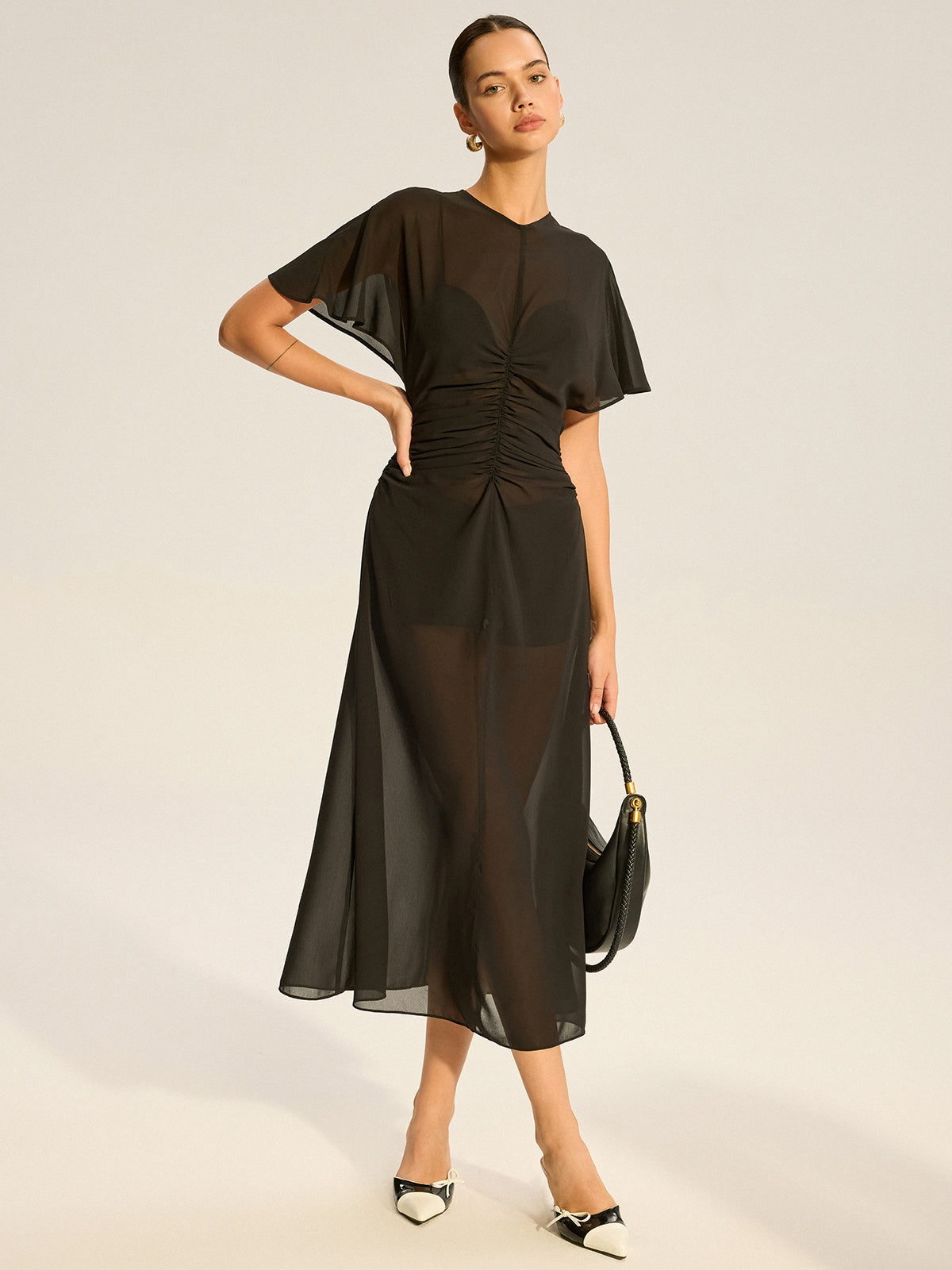 Sheer Chiffon Midi Dress with Lining Slip Two-Piece Set