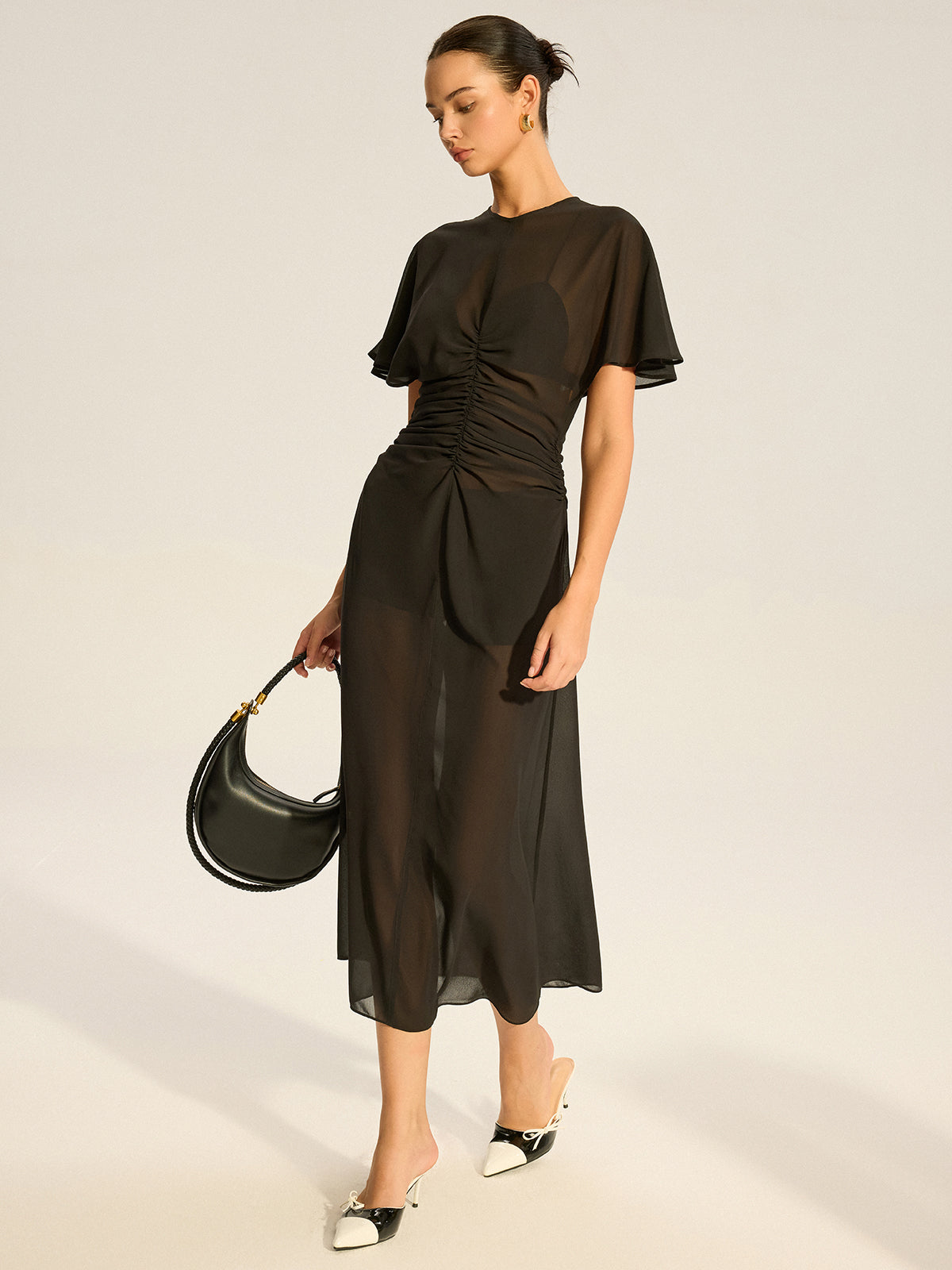 Sheer Chiffon Midi Dress with Lining Slip Two-Piece Set