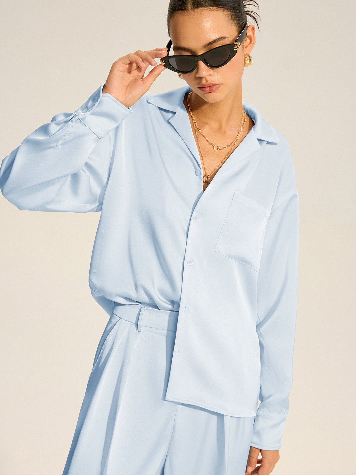 Oversized Pocket Satin Shirt and Pleated Pants Set