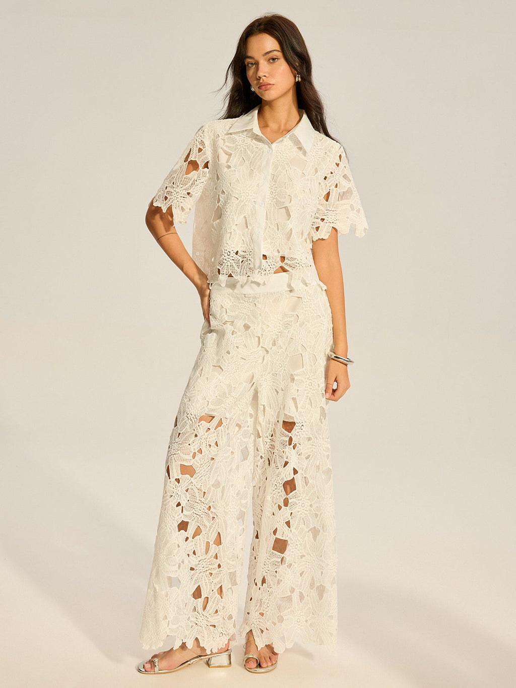 Lace Crochet Cut-Out Top and Wide-Leg Pants Set