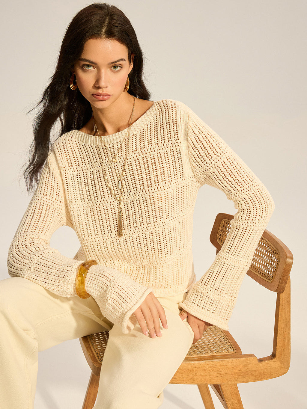 Mesh-Strick Pullover mit langen Ärmeln
