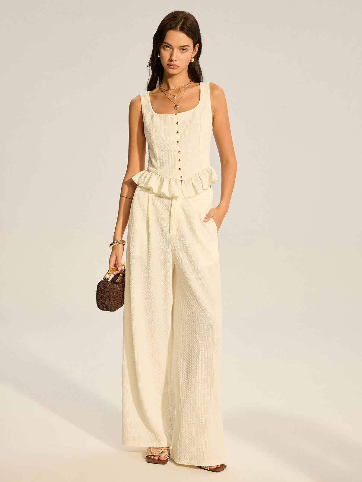 Textured Peplum Top and Wide-Leg Pants Set