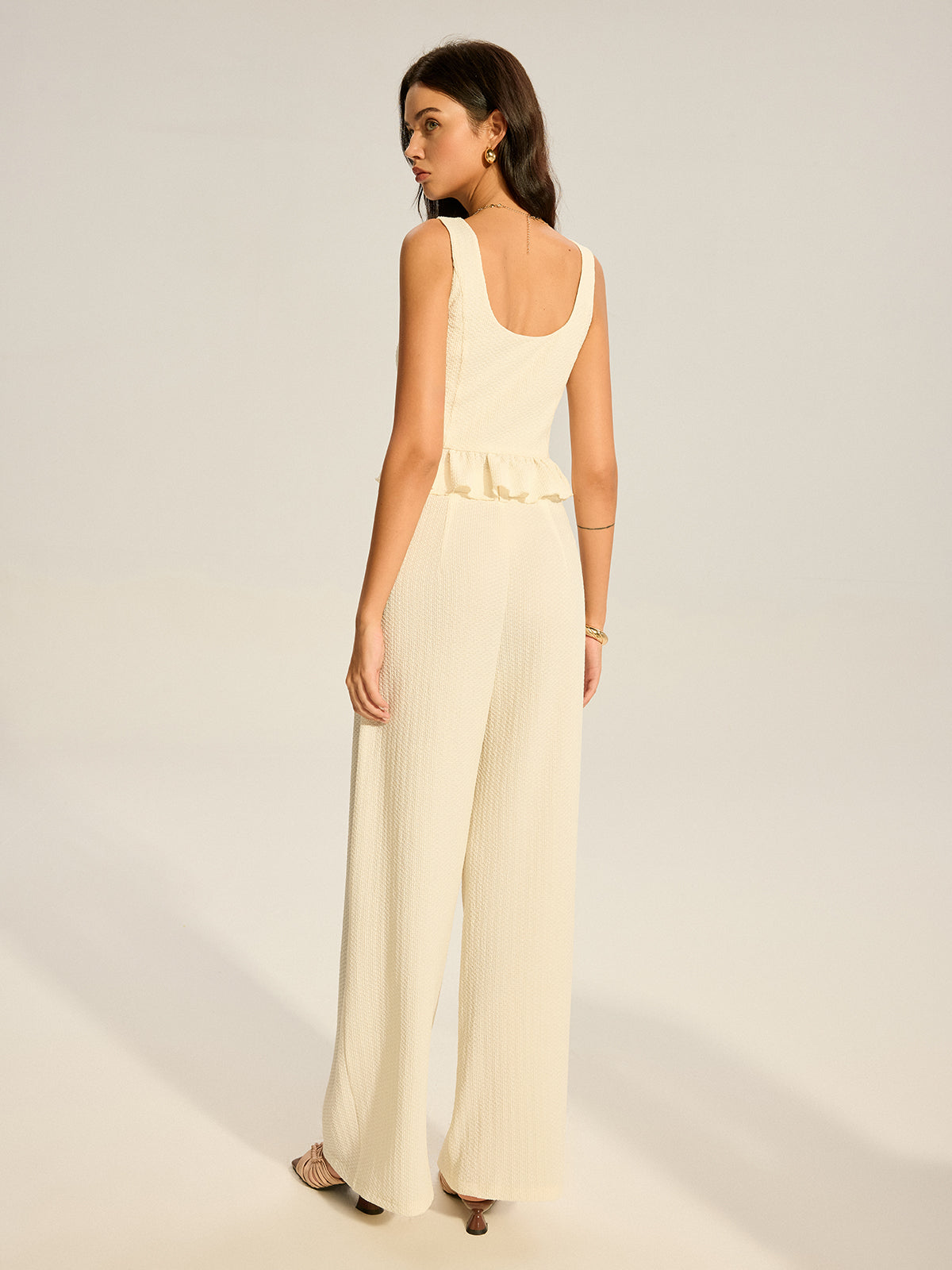 Textured Peplum Top and Wide-Leg Pants Set