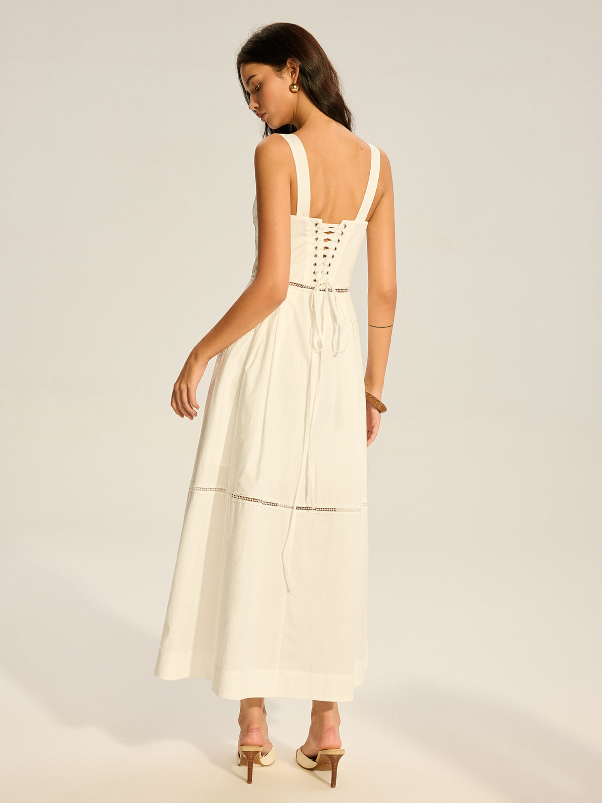 Lace Paneled Back-Tie Cotton Maxi Dress