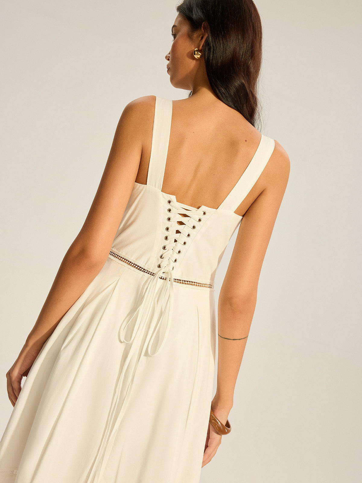Lace Paneled Back-Tie Cotton Maxi Dress