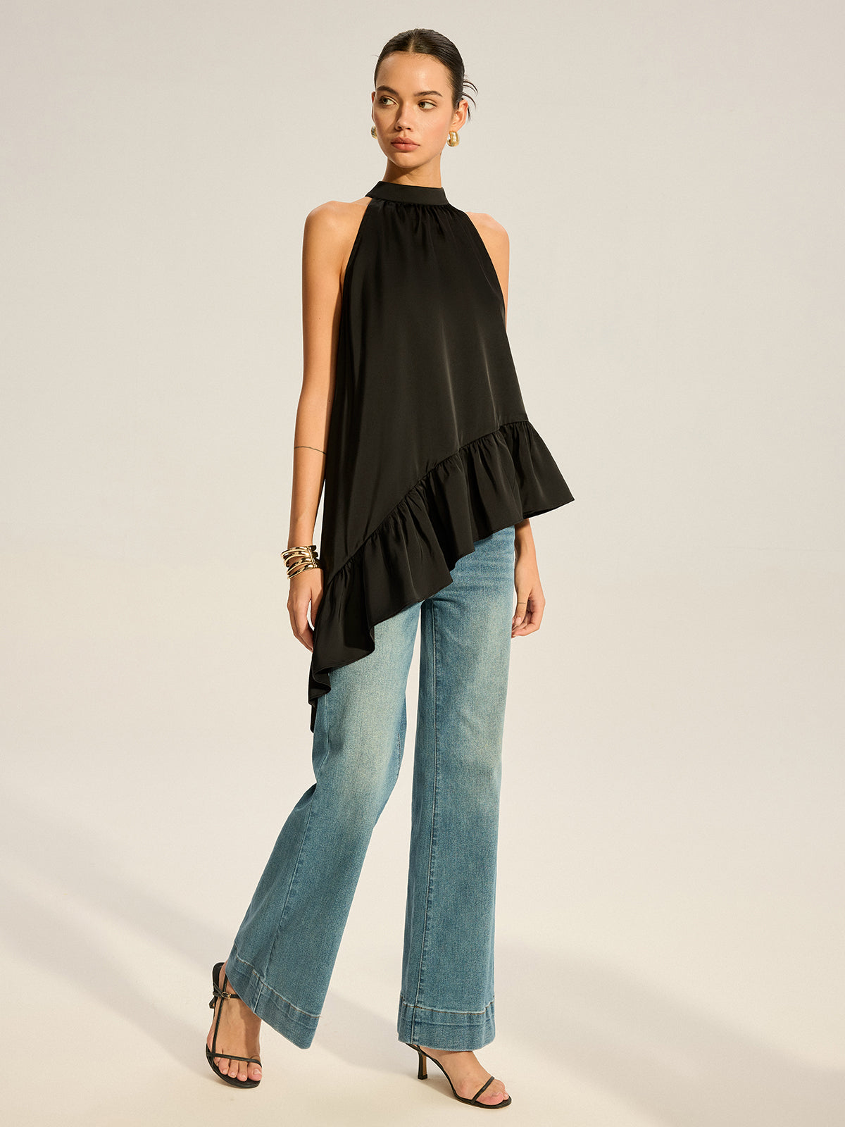Asymmetric Ruffle Hem Halter Top