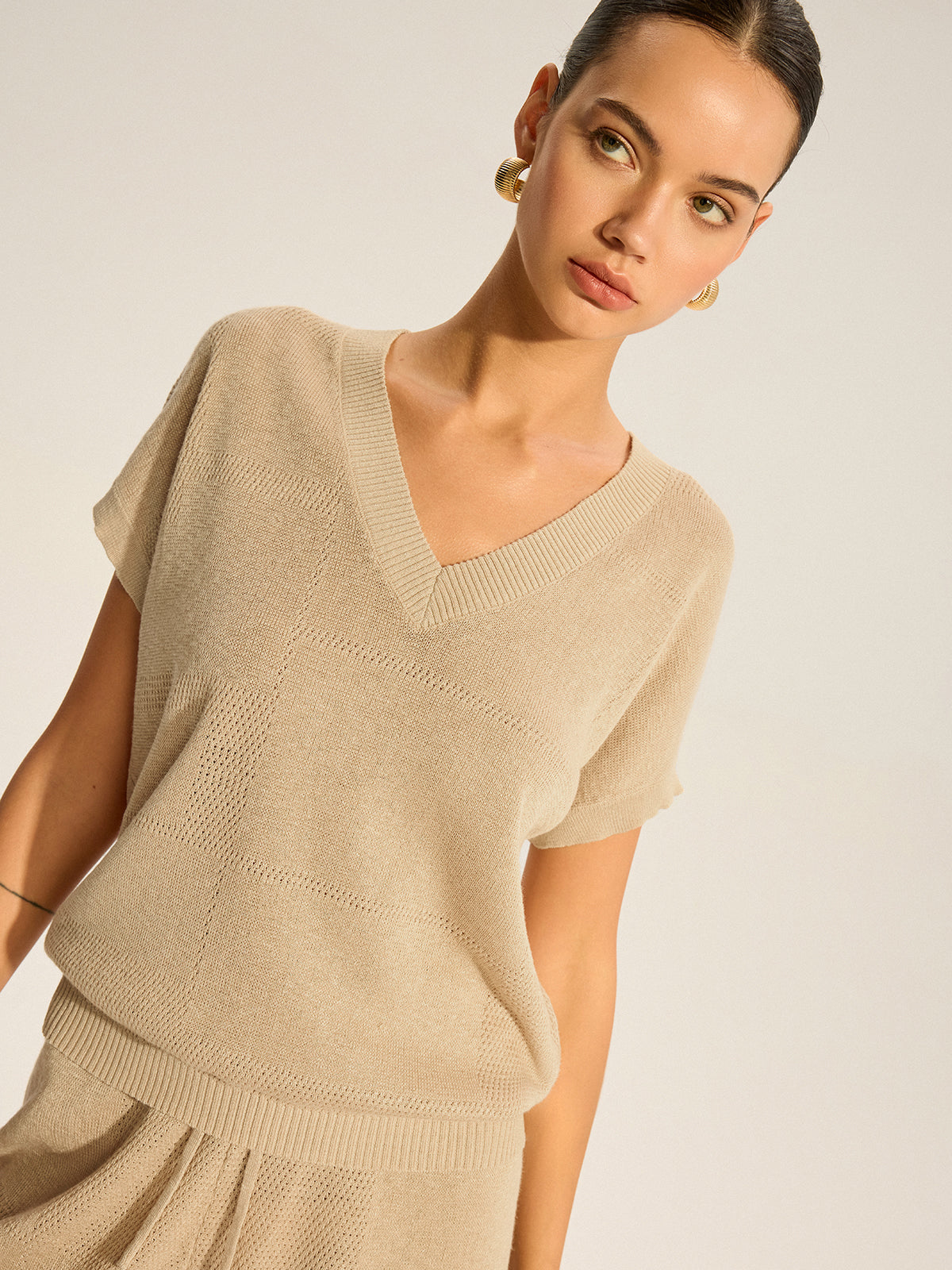 Semi-Sheer V-Neck Top and Drawstring Shorts Set